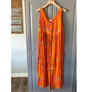 Pineapple Moon Vintage Hippie Rainbow Butterfly Button Down Maxi Dress,Orange,OS